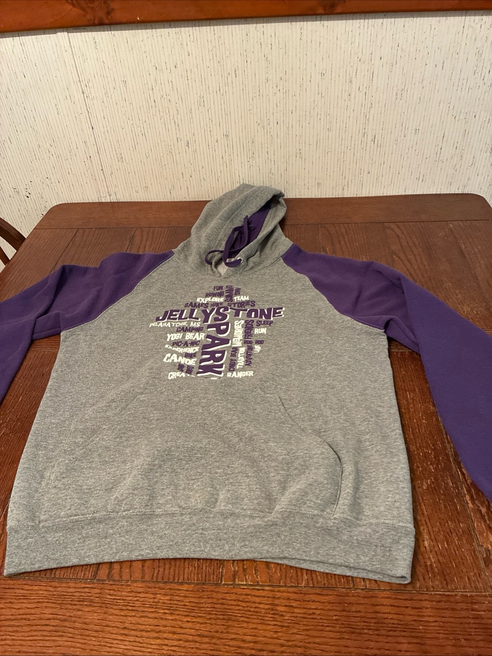 Yogi Bear Jellystone Park Hoodie Unisex M Grey Purple Color Block Sweatshirt